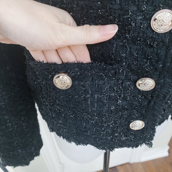Women Black Tweed Buttons Front Top Jacket - Picture 6 of 7